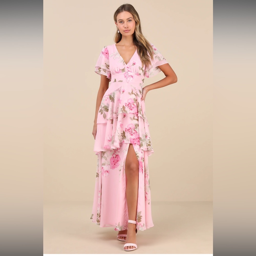 Lulus Midnight Mood Pink Floral Print Tiered Maxi Dress